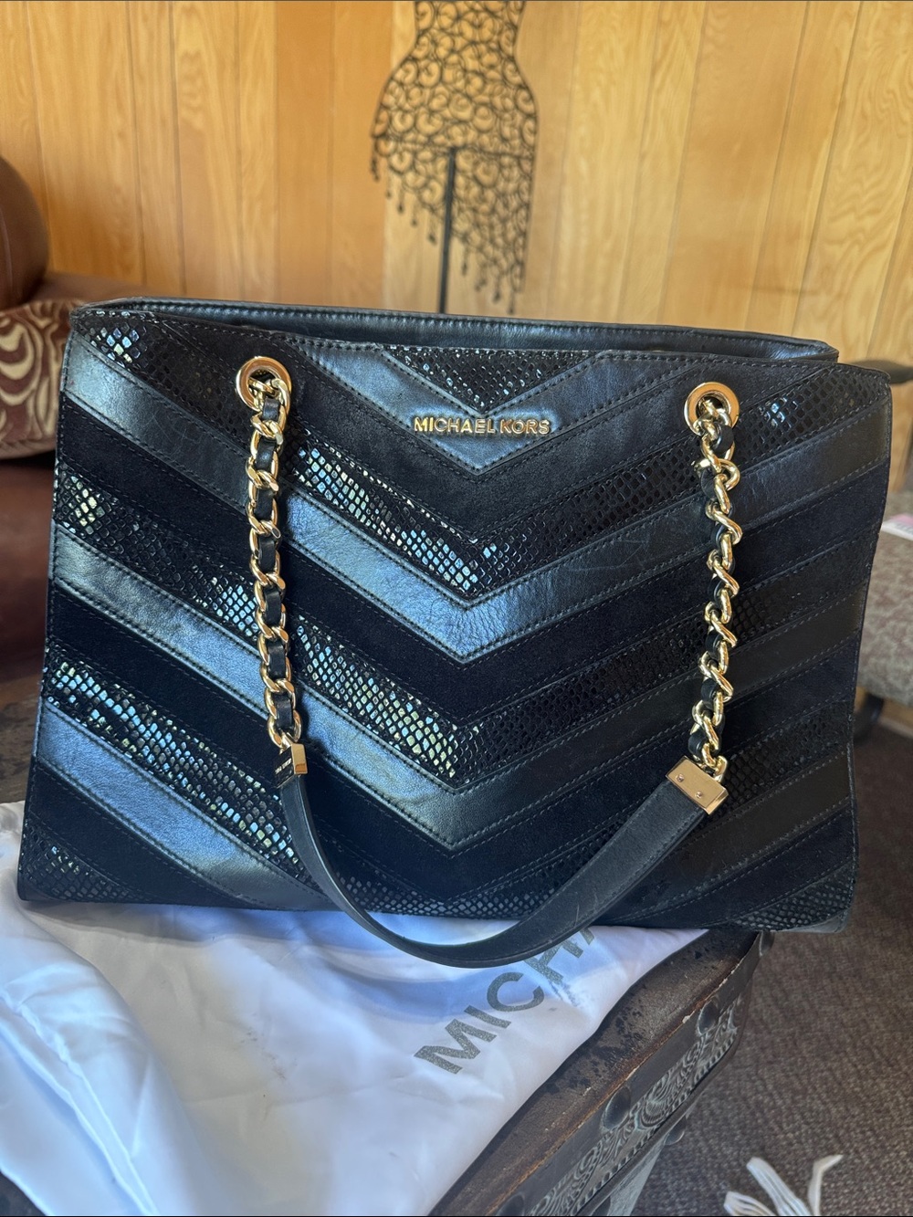 Michael Kors Black Chevron Tote with Gold Chain Straps